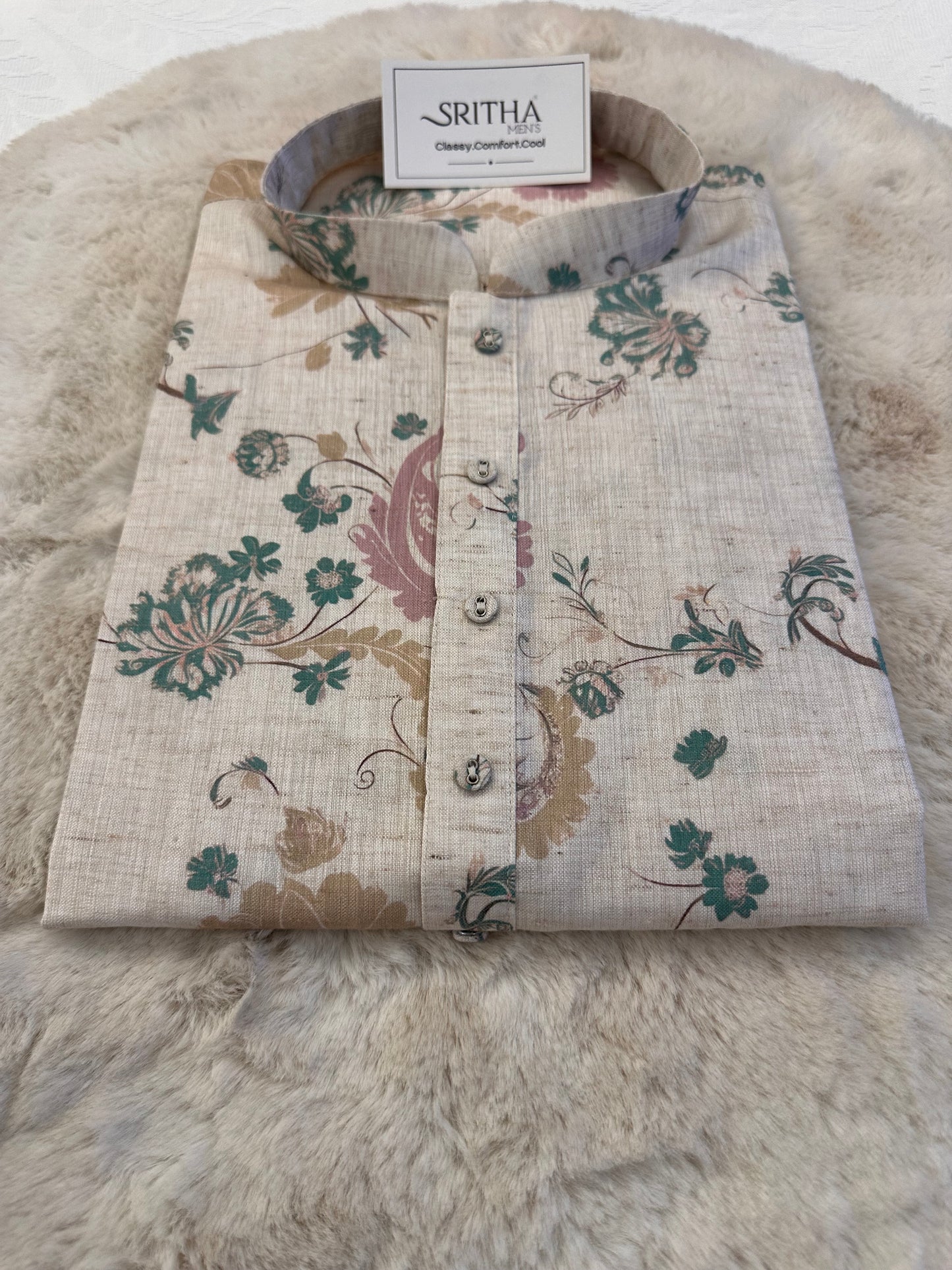 SM0226-01-04 Beige With Blue Pink Cotton Linen Kurta Set