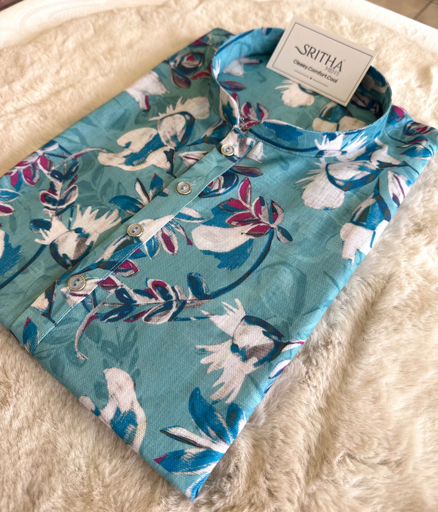 SM0626-01-01 Blue & White Floral Design Printed Linen Blend Kurta