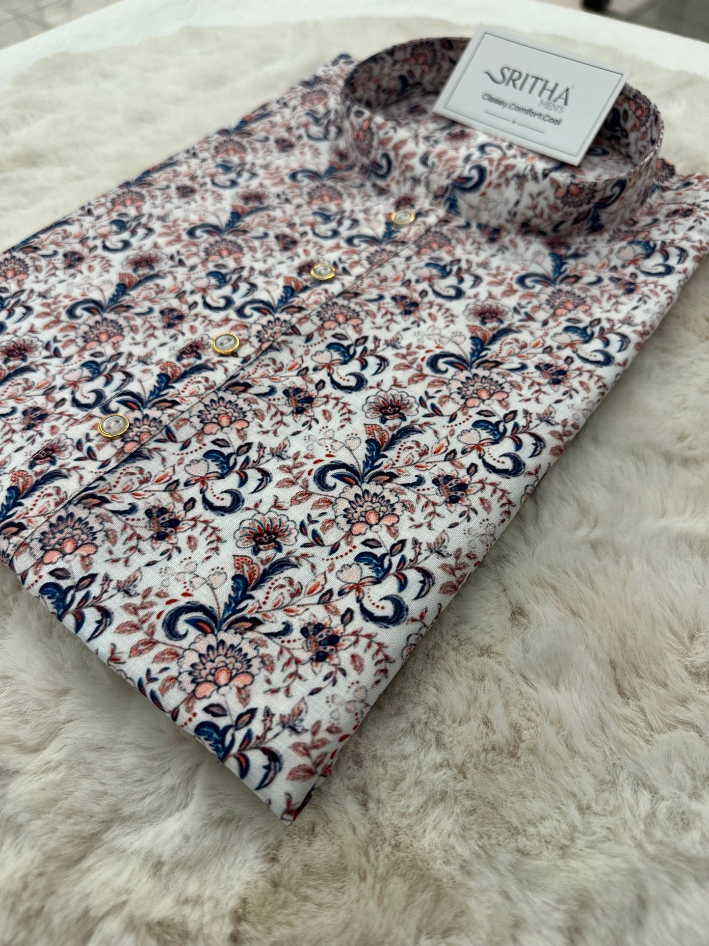 SM0625-01-14 White & Blue Floral Viscose Kurta