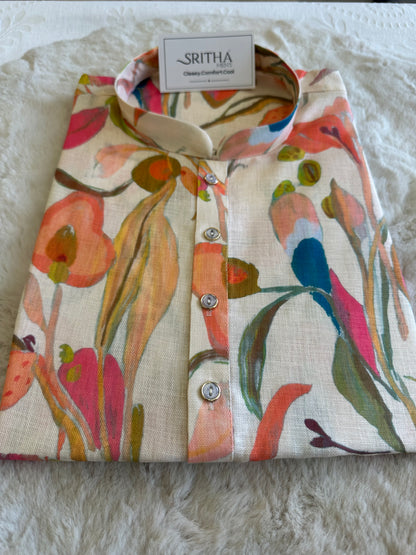 SM0626-01-05 Cream Based Multi Shade Printed Linen Blend Kurta