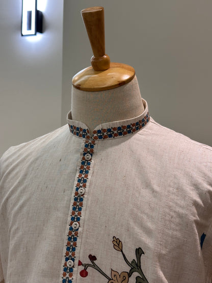 SM0226-01-02 Beige With Blue Orange Floral Cotton Linen Kurta Set