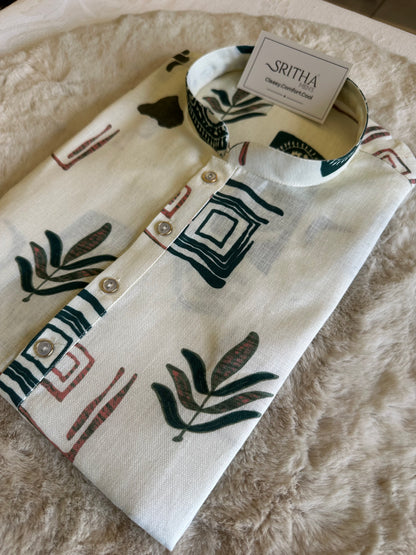 SM0626-01-04 Off White & Green Design Printed Linen Blend Kurta