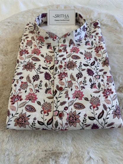 SM1125-02-05 White Floral Jacquard Silk with Lining Kurta Set