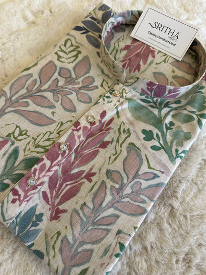 SM0825-01-05 Beige Leaf Motif Cotton Kurta