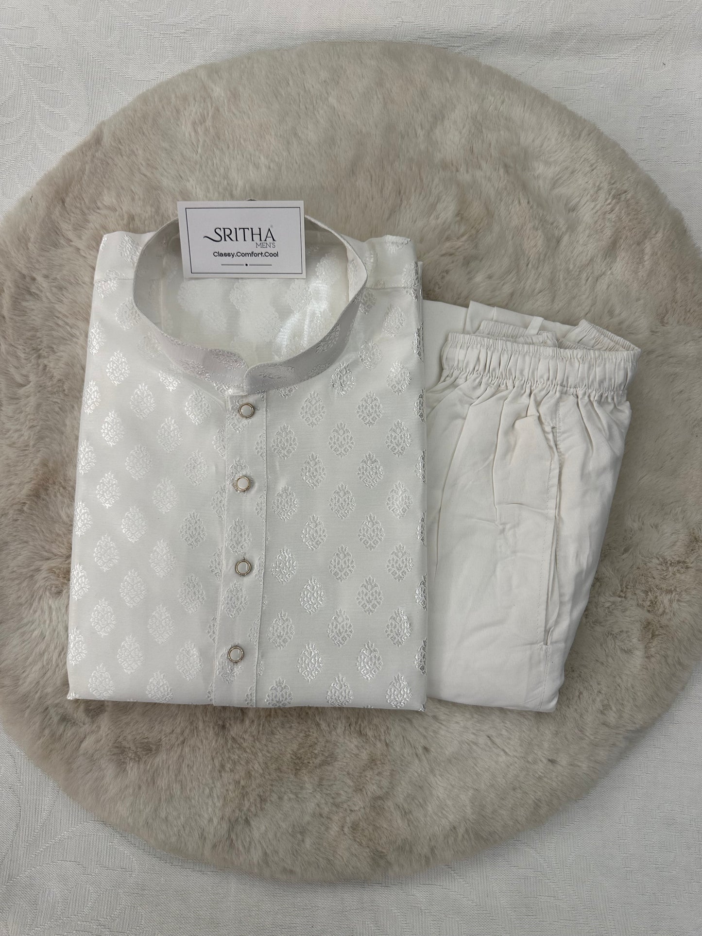 SM0526-02-01 White & Silver Soft Silk Blend Kurta Set