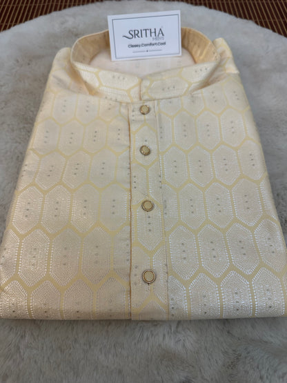 SM0626-02-14 Pastel Yellow & Silver Jacquard Silk Blend Kurta Set