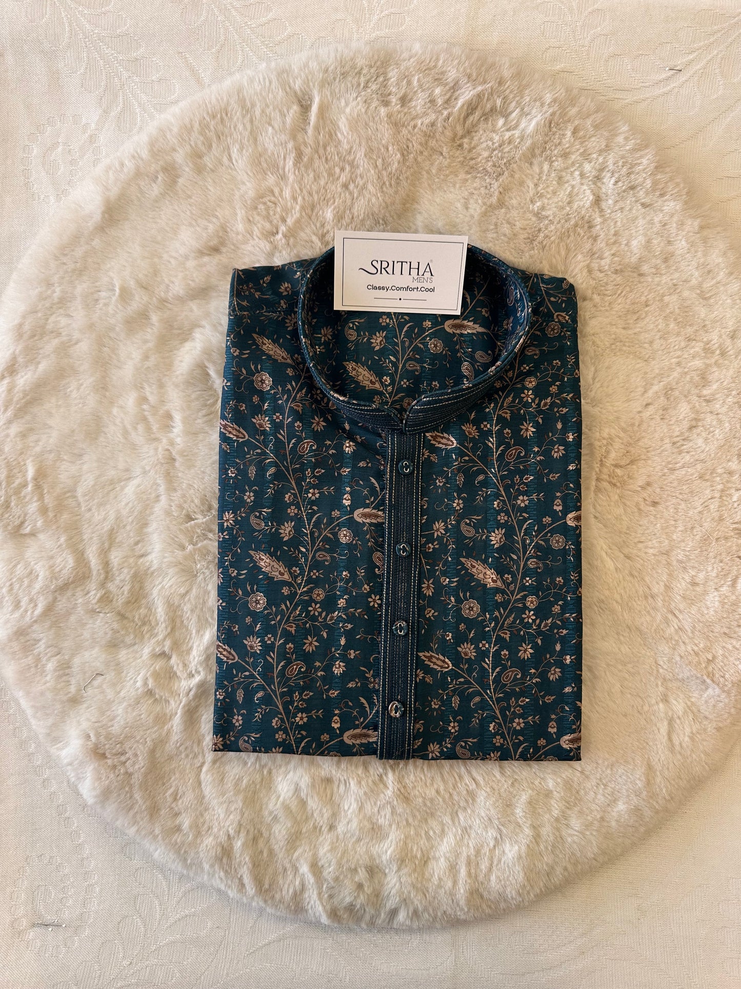 SM1225-01-15 Dark Green & Gold Floral Soft Cotton Silk Kurta