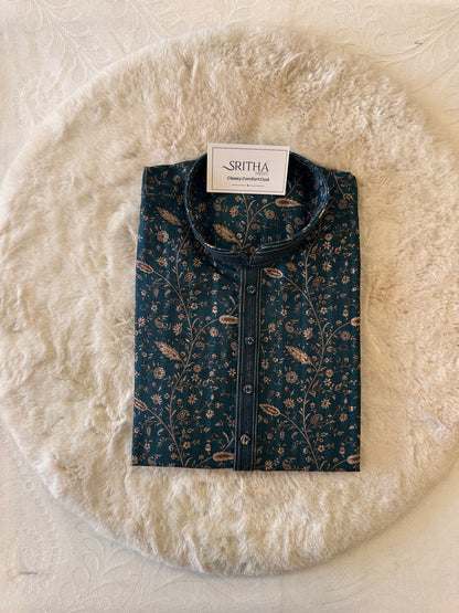 SM1225-01-15 Dark Green & Gold Floral Soft Cotton Silk Kurta