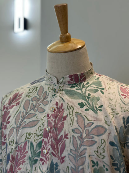 SM0825-01-05 Beige Leaf Motif Cotton Kurta