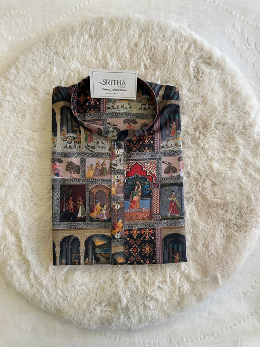 SM0925-01-17 Black Tribe Print Cotton Kurta