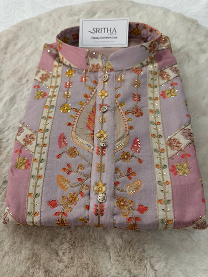 SM0326-02-05 Liliac Pink Heavy Work Silk Blend with Cotton Lining Kurta Set