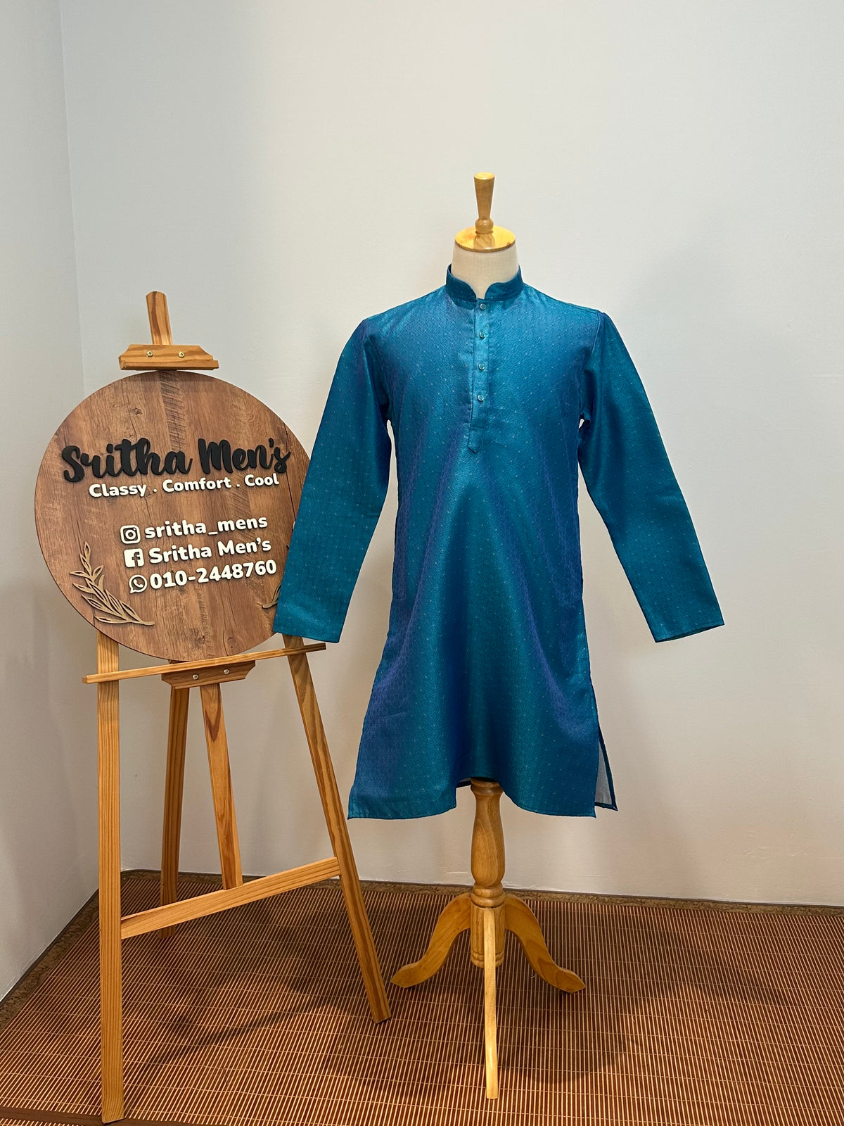 SM0826-02-17 Peacock Blue Jacquard Silk Blend Kurta Set