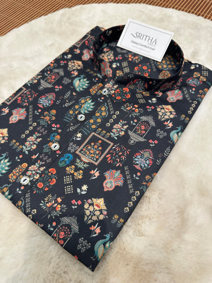 SM0726-01-02 Black Base Animal Printed Soft Cotton Kurta