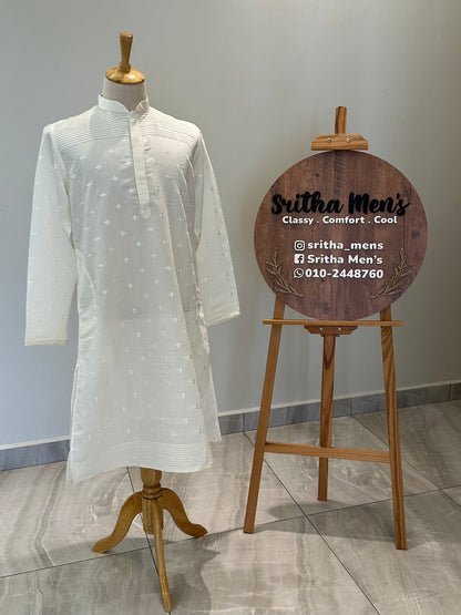 SM0326-06-03 White with Embroidery Floral Soft Cotton Blend Kurta Set