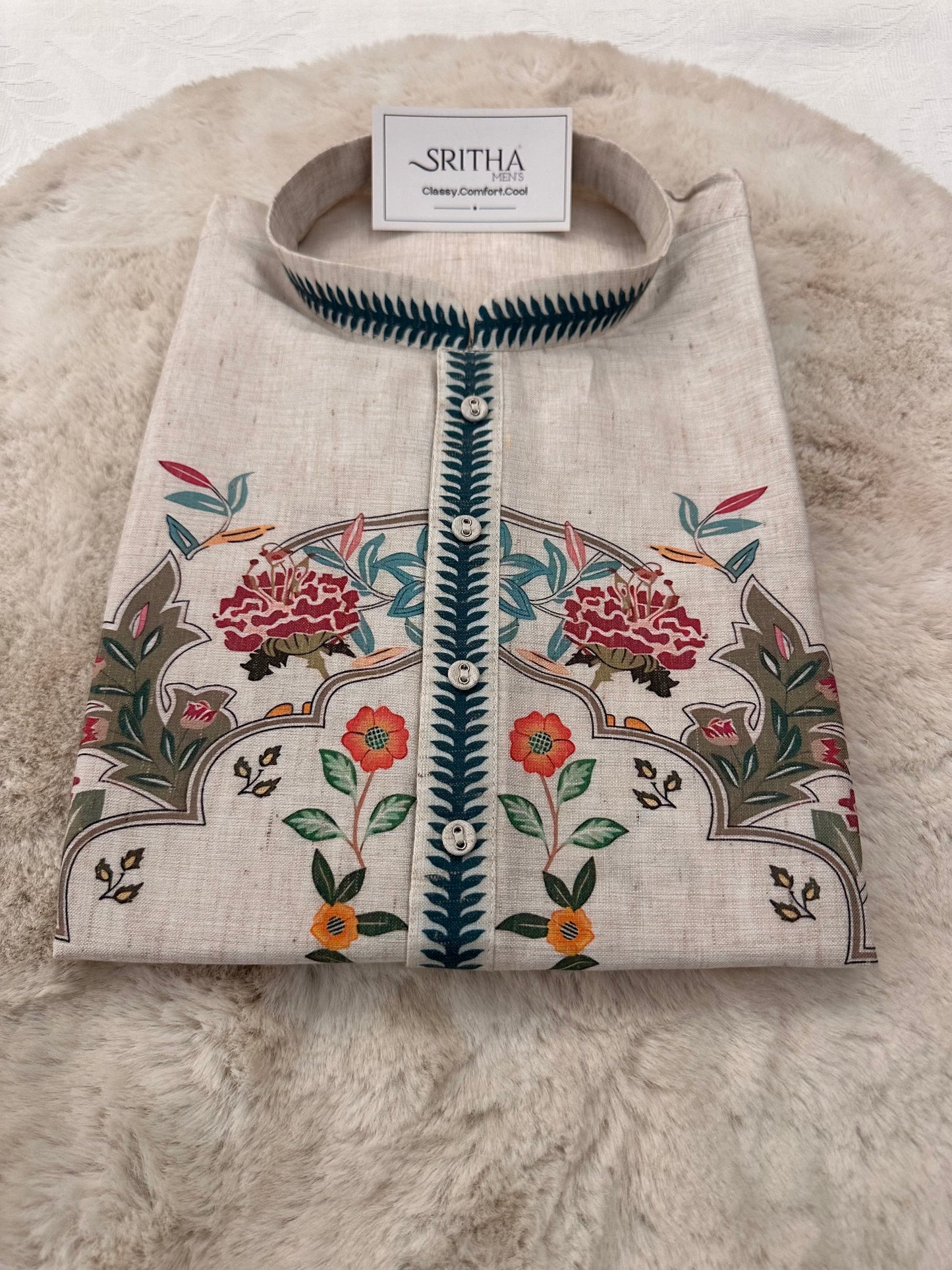 SM0226-01-01 Beige & Blue Leaf Floral Cotton Linen Kurta Set