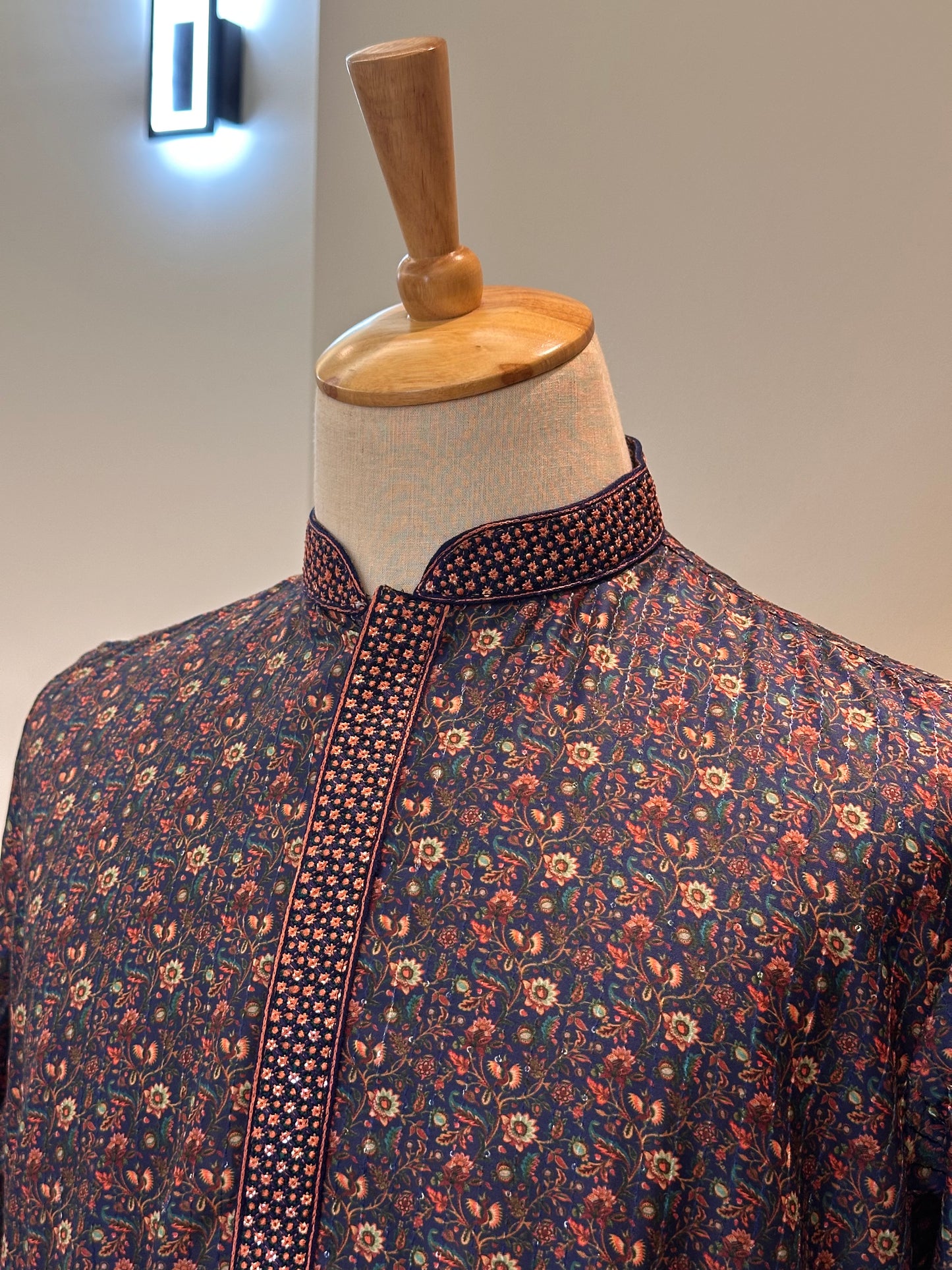 SM0326-06-04 Dark Blue & Red Floral With Sequins Soft Cotton Blend Kurta Set