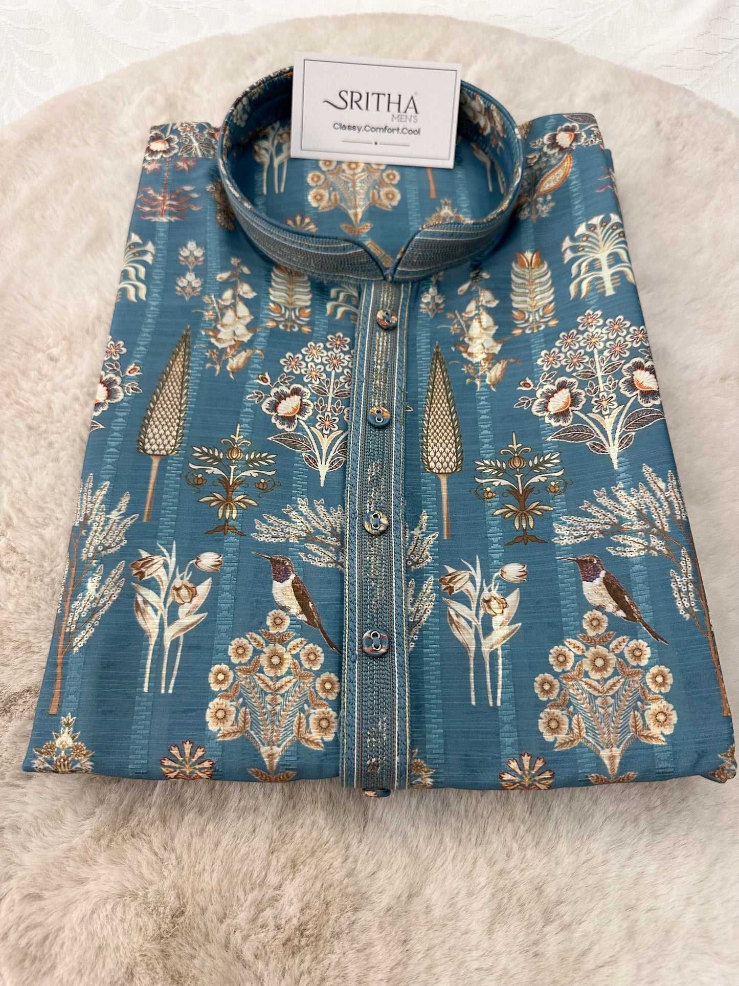 SM1225-01-11 Blue Floral Soft Cotton Silk Kurta