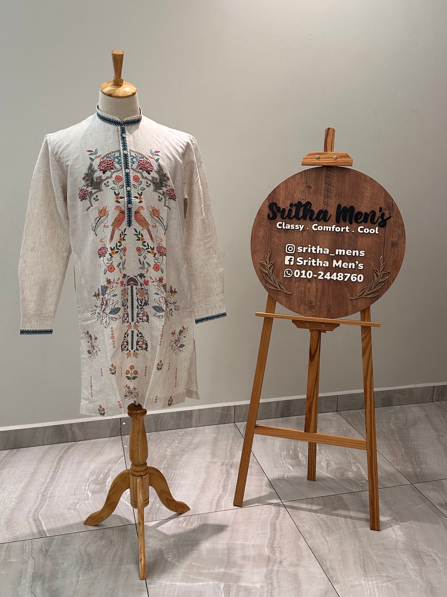 SM0226-01-01 Beige & Blue Leaf Floral Cotton Linen Kurta Set