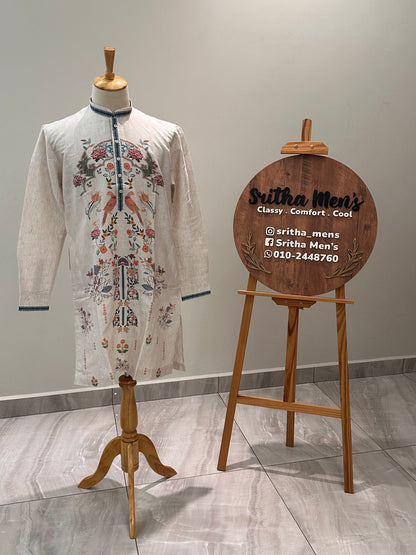 SM0226-01-01 Beige & Blue Leaf Floral Cotton Linen Kurta Set