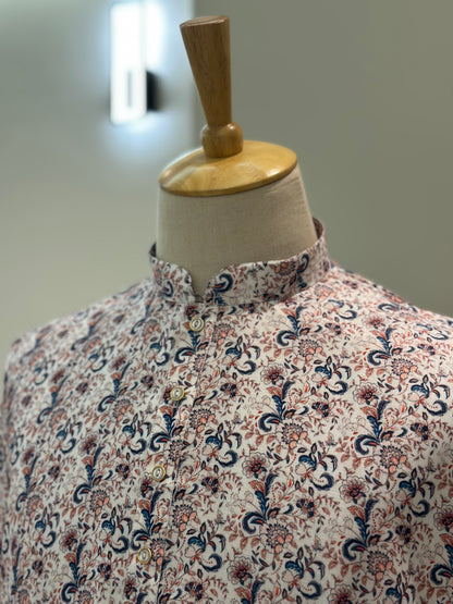 SM0625-01-14 White & Blue Floral Viscose Kurta