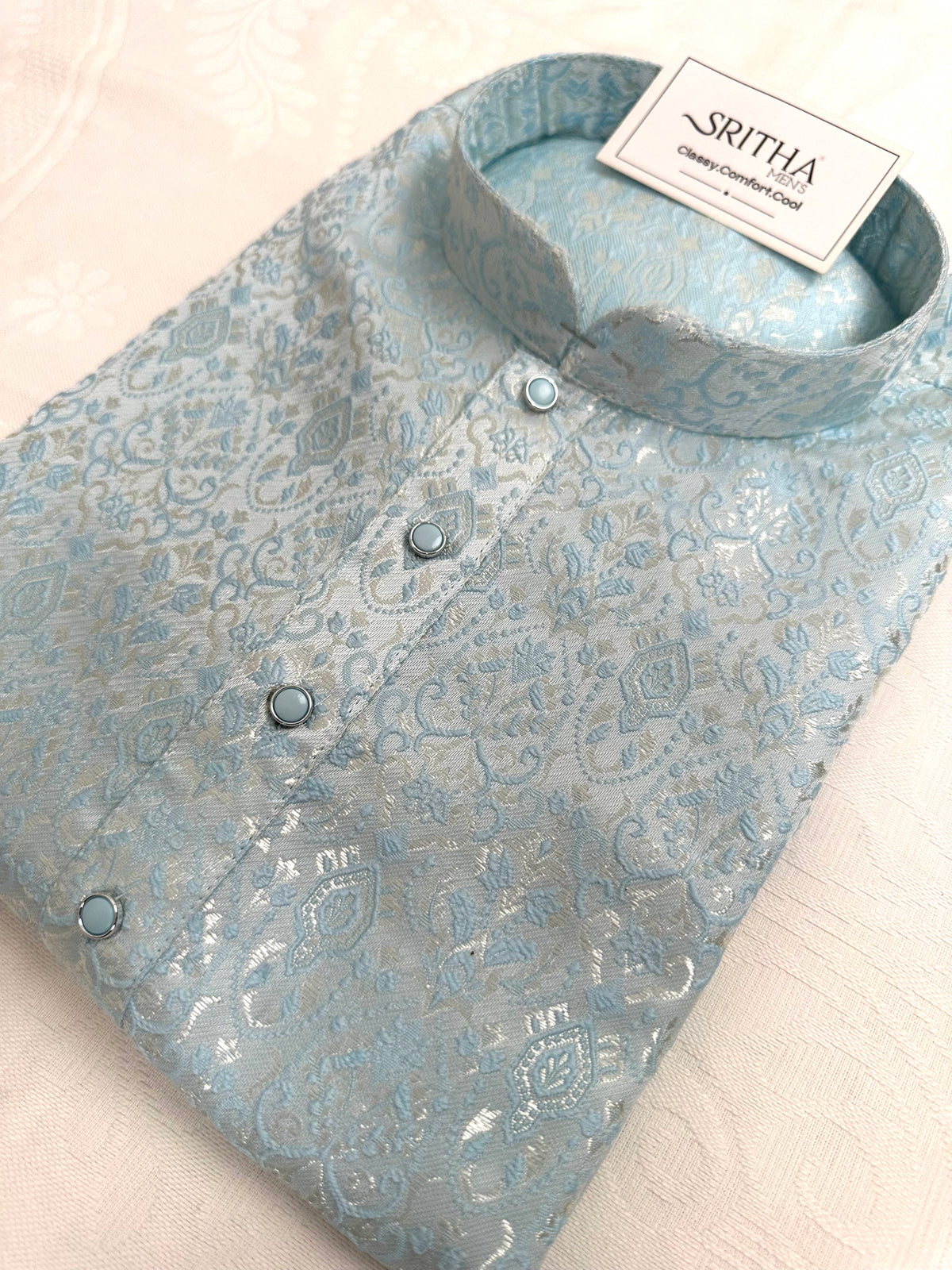 SM0826-02-03 Pastel Blue & Silver Soft Jacquard Silk Blend Kurta Set