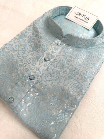SM0826-02-03 Pastel Blue & Silver Soft Jacquard Silk Blend Kurta Set