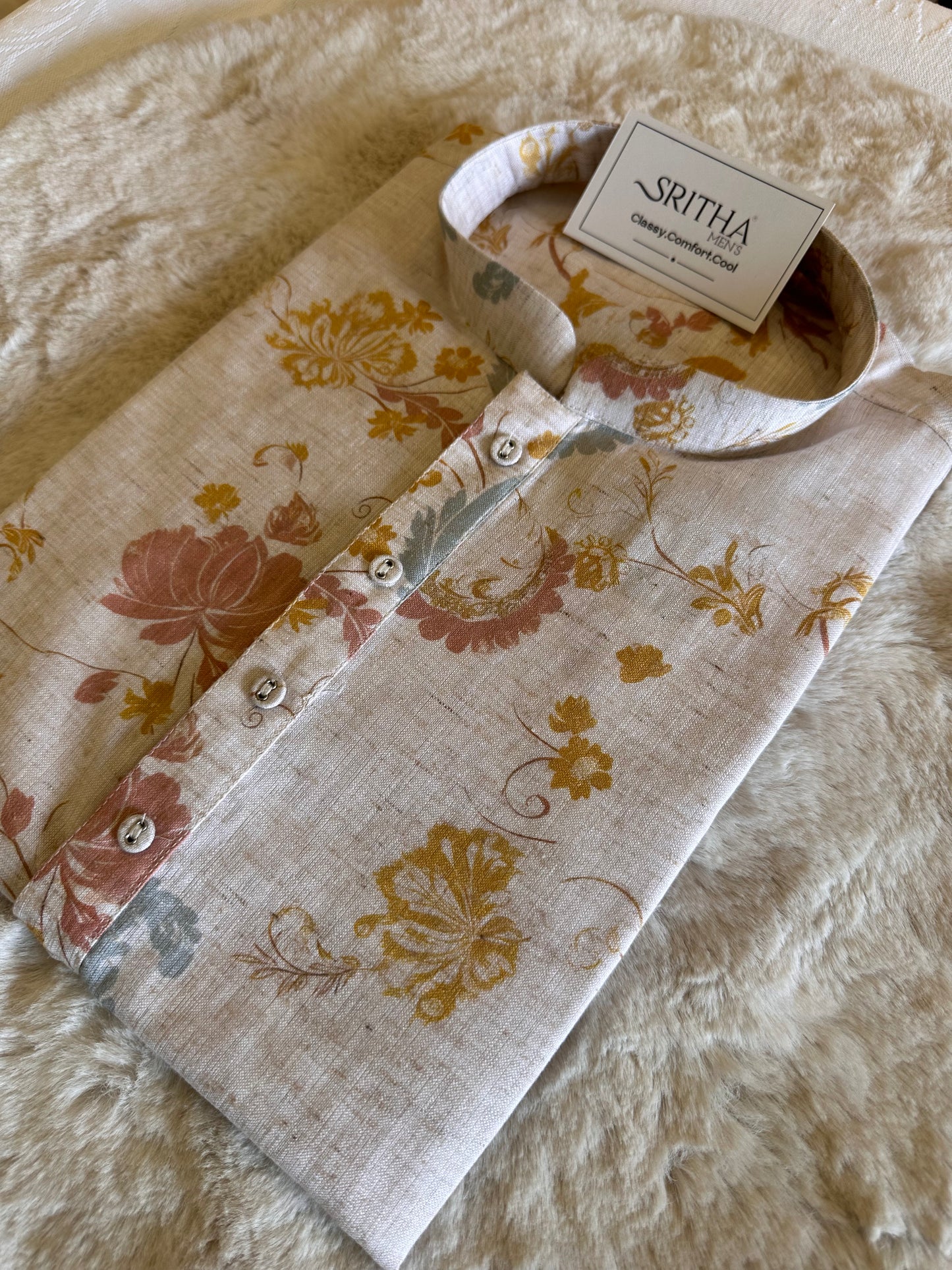 SM0226-01-05 Beige & Pink Yellow Floral Cotton Linen Kurta Set