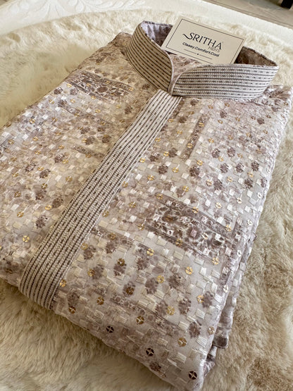 SM0525-02-18 White & Brown Gold Sequins with Full Cotton Lining Kurta Set