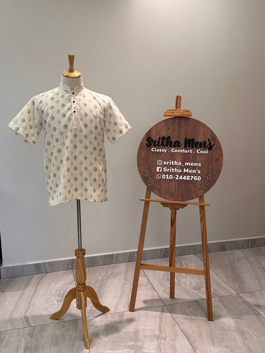 SM0126-18-06 Light Yellow & Blue Grey Print Short Cotton Kurta