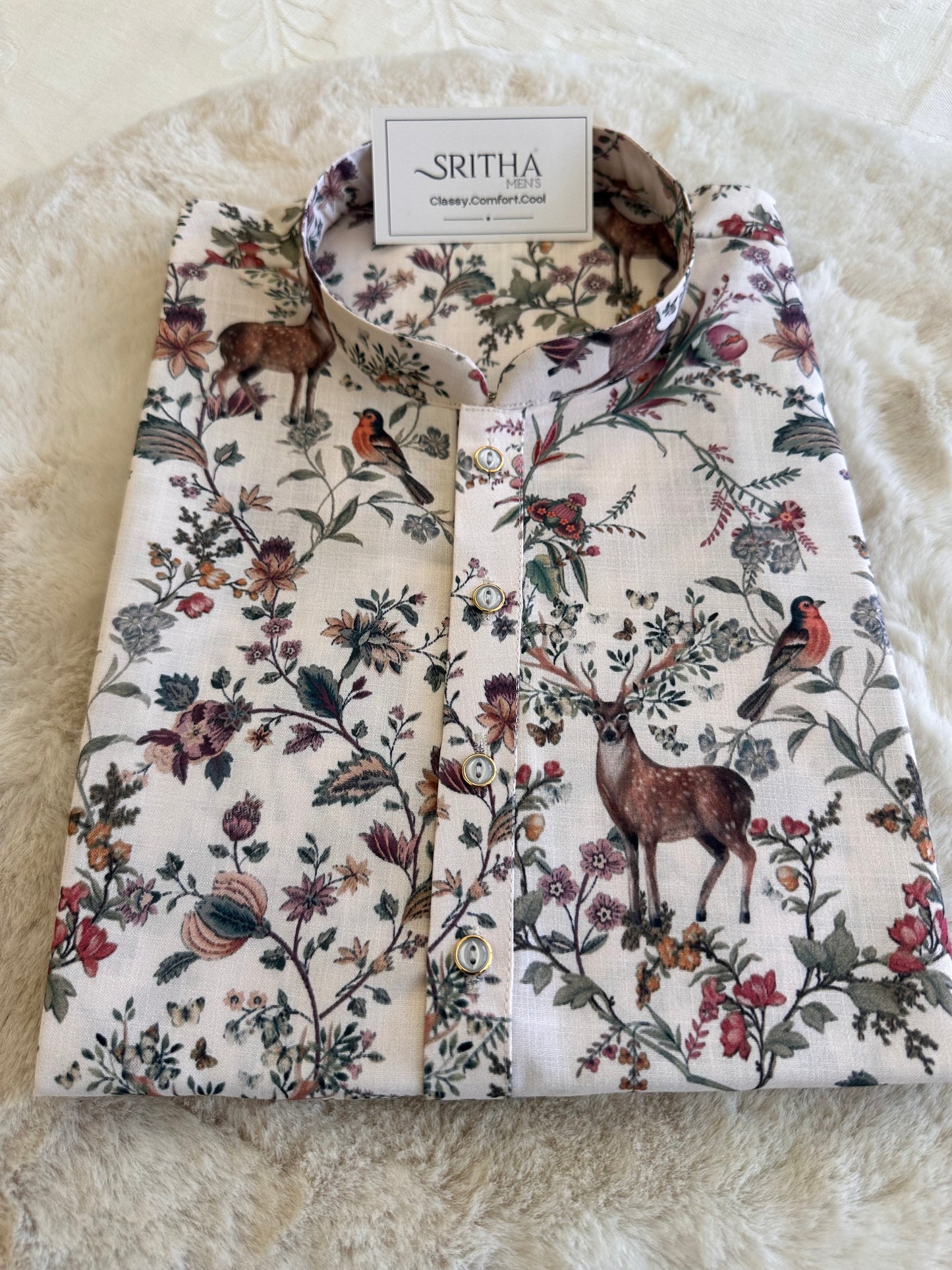 SM1225-01-06 Cream Deer Printed Cotton Kurta