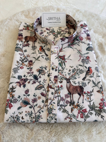 SM1225-01-06 Cream Deer Printed Cotton Kurta