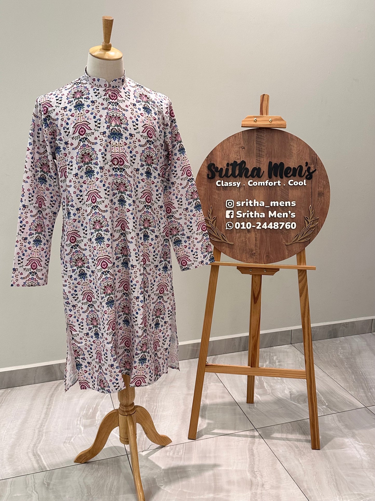 SM0925-01-11 White & Pink Print Cotton Kurta