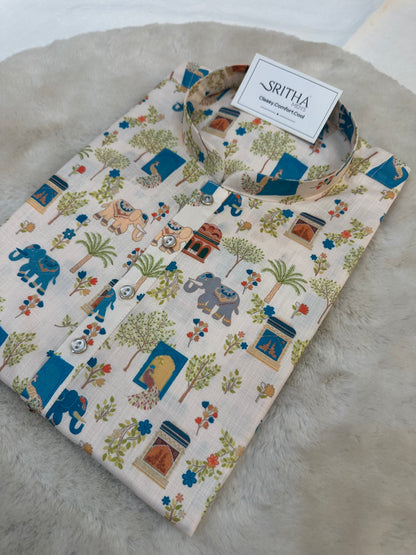 SM0726-01-03 Off White Elephant Printed Soft Cotton Kurta