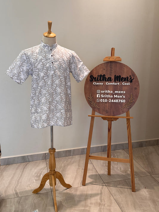 SM0326-18-03 White Grey Leaf Print Short Cotton Kurta