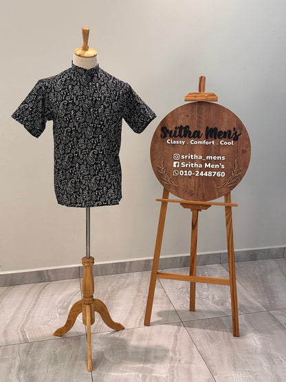 SM0326-16-06 Black & White Tribe Print Short Cotton Kurta
