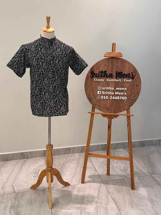 SM0326-16-06 Black & White Tribe Print Short Cotton Kurta