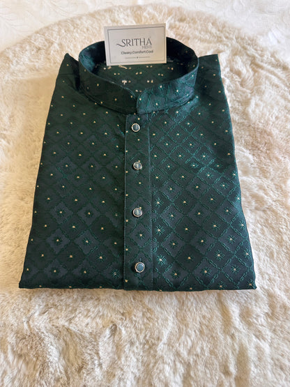 SM0925-02-08 Bottle Green Silk Blend Kurta Set