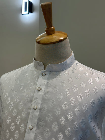 SM0526-02-01 White & Silver Soft Silk Blend Kurta Set