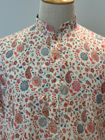 SM1125-02-15 White Floral Soft Viscose Blend Kurta Set