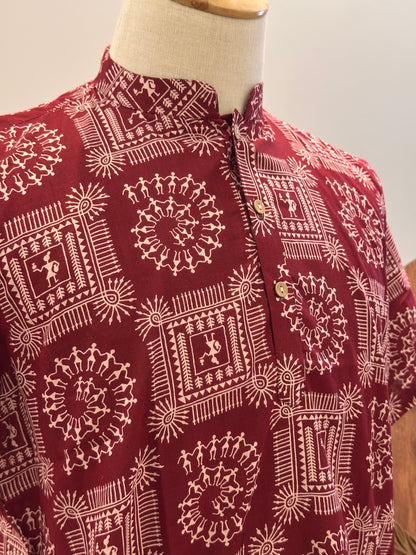 SM1025-18-08 Red Tribe Print Short Cotton Kurta