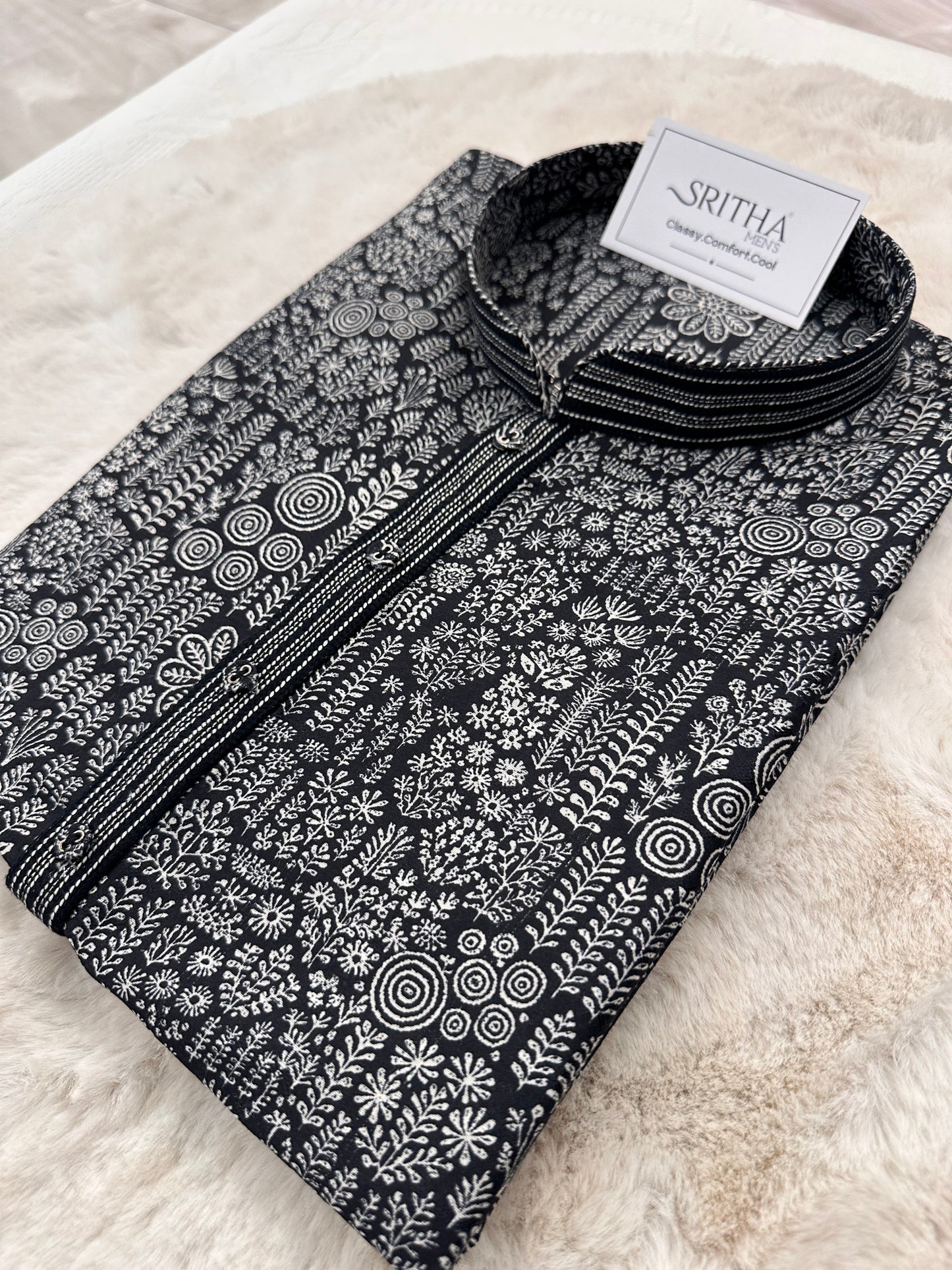 SM1225-01-13 Black & White Soft Cotton Silk Kurta