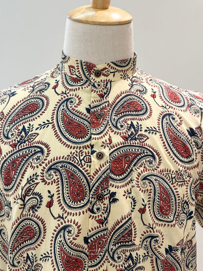 SM0925-16-06 Cream Mango Print Short Cotton Kurta