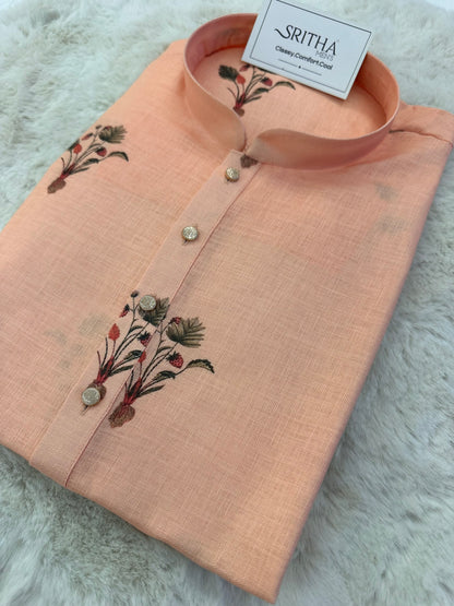 SM0825-01-08 Peach Orange Leaf & Floral Cotton Kurta