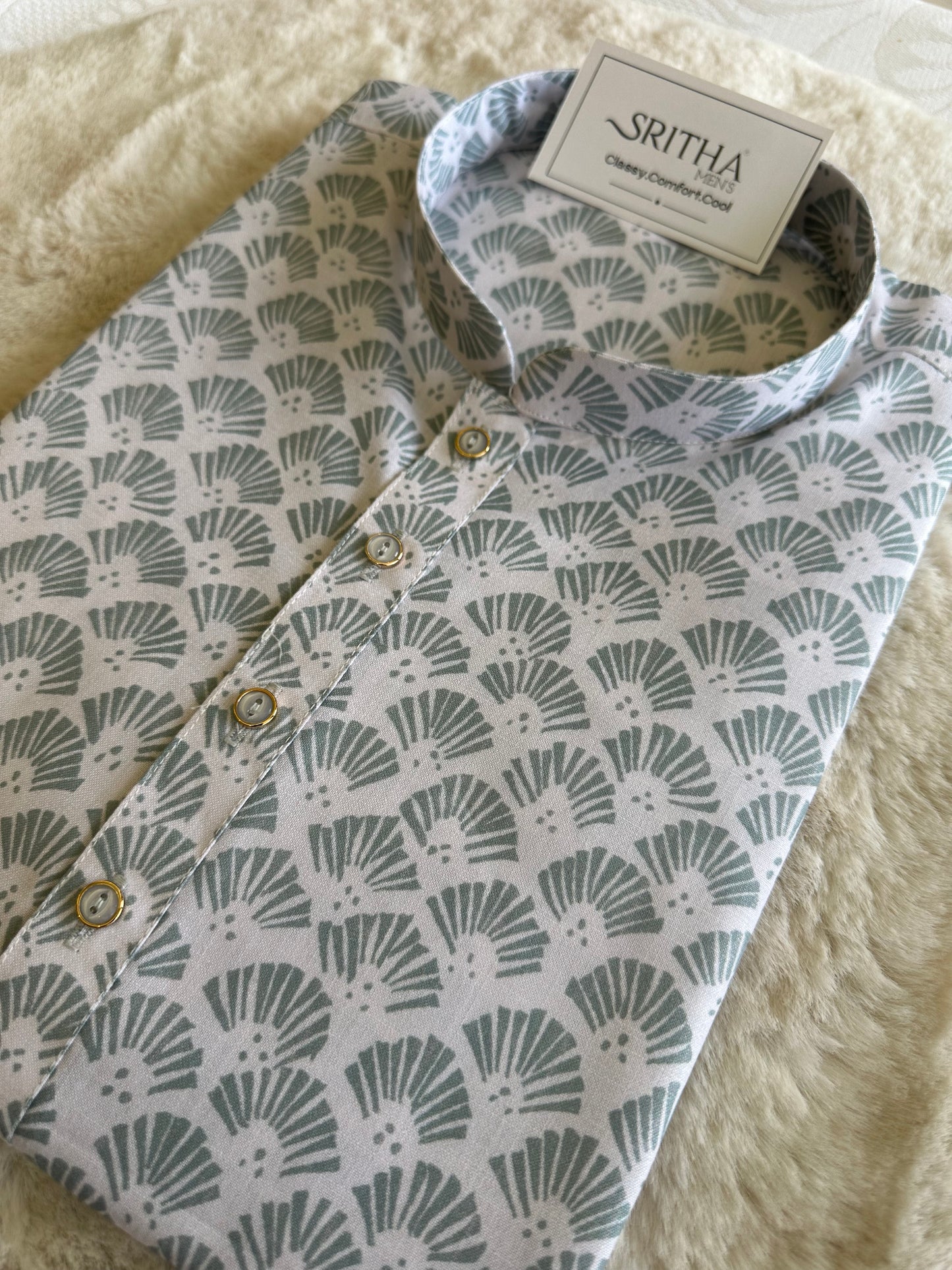 SM0925-01-14 White & Green Print Cotton Kurta