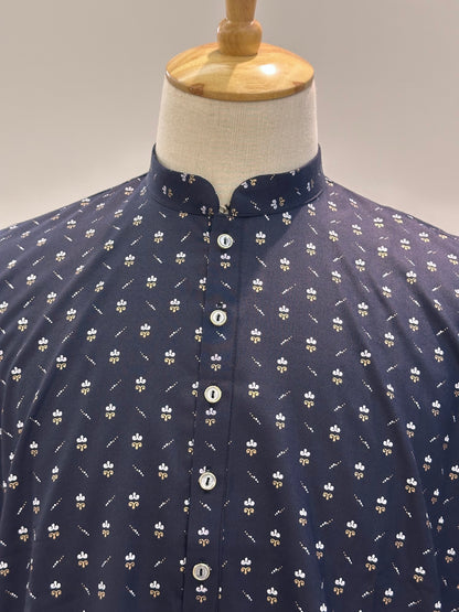 SM0226-01-06 Dark Navy Blue & White Printed Cotton Kurta