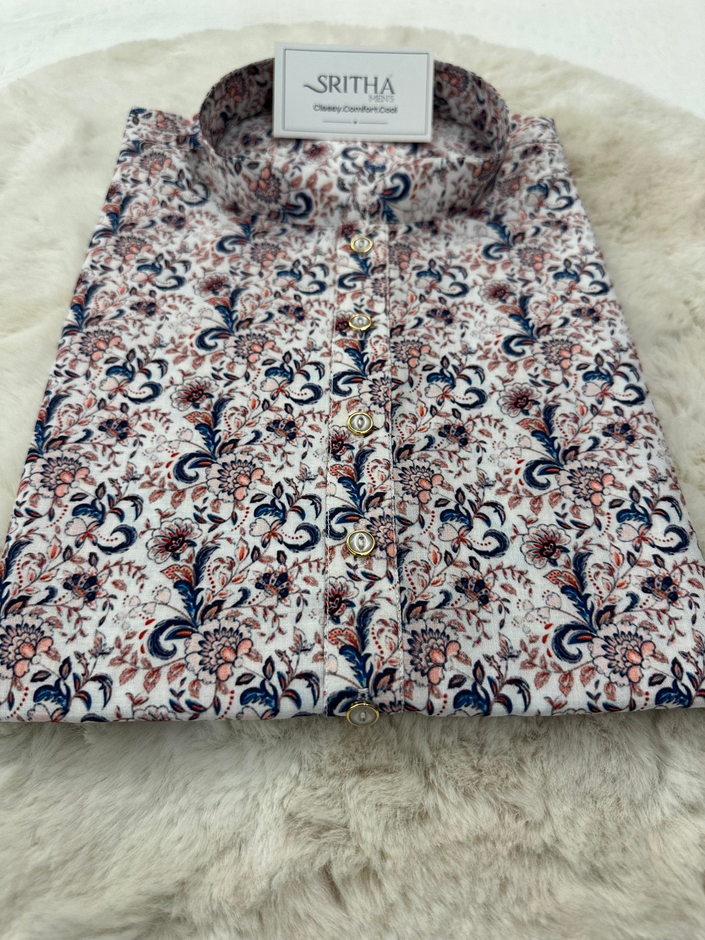 SM0625-01-14 White & Blue Floral Viscose Kurta