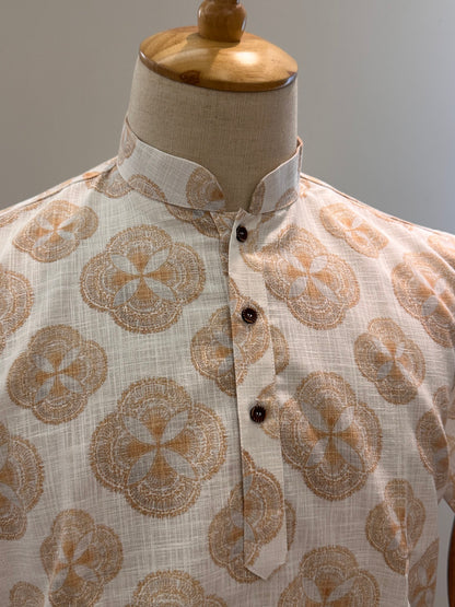 SM0126-18-08 Off White & Orange Print Short Cotton Kurta
