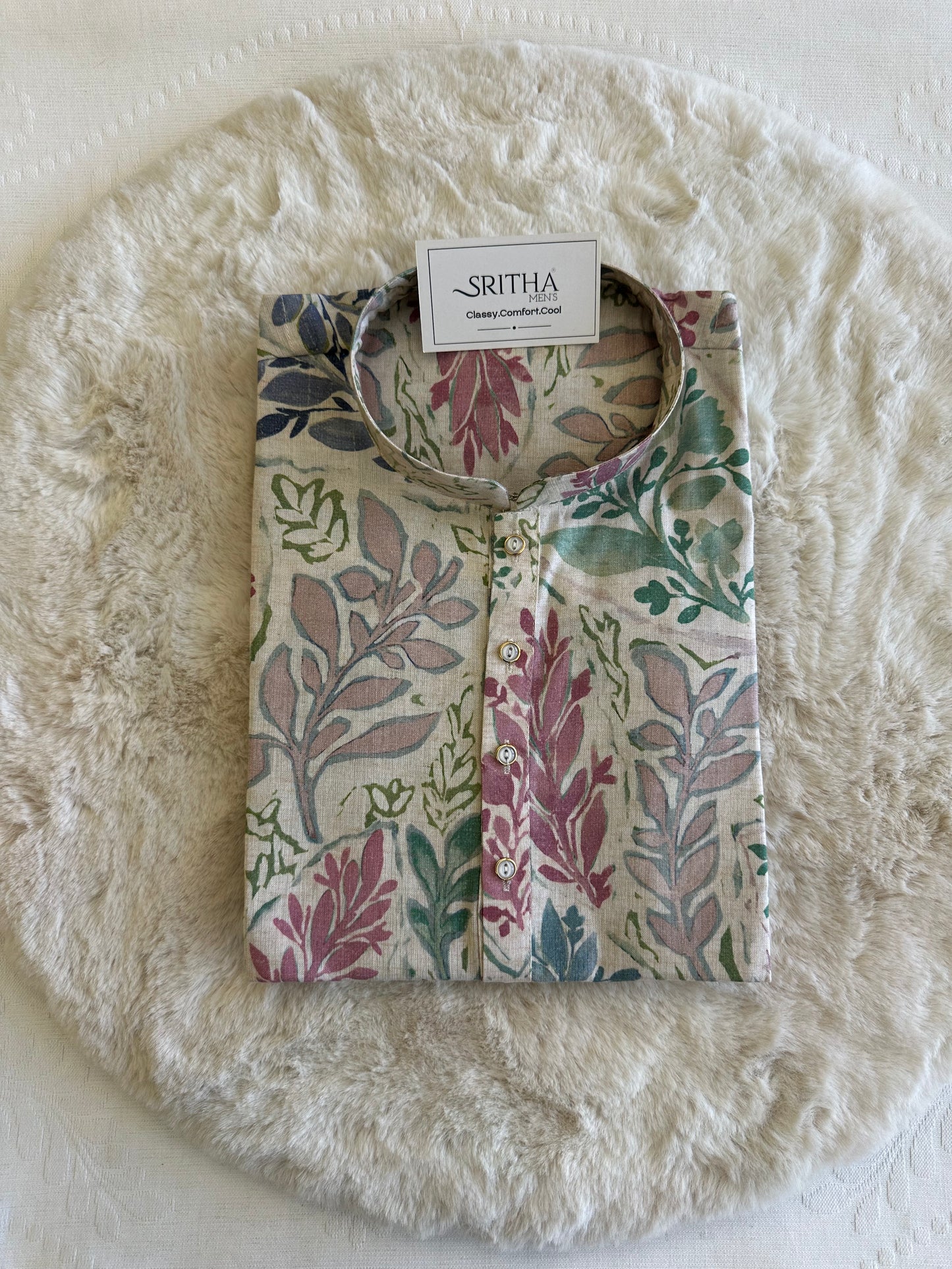 SM0825-01-05 Beige Leaf Motif Cotton Kurta