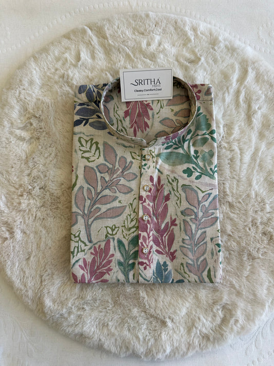 SM0825-01-05 Beige Leaf Motif Cotton Kurta