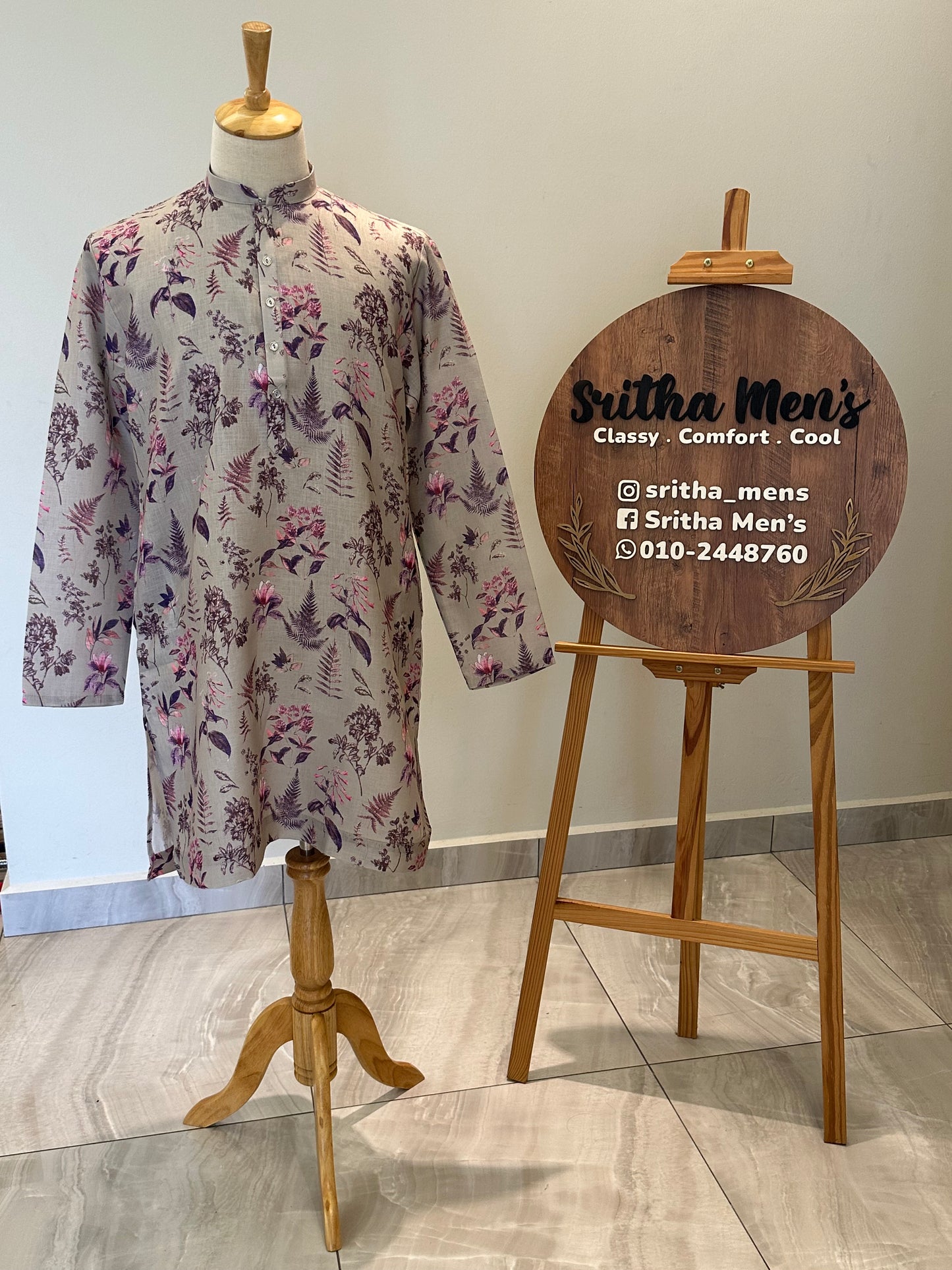 SM0626-01-02 Beige & Purple Design Printed Linen Blend Kurta